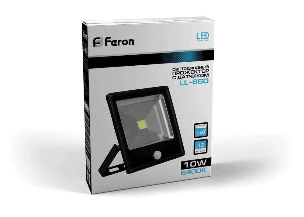 FERON Светодиодный прожектор с встроенным датчиком LL-860 IP65 10W 6400K 12999 FERON Светодиодный прожектор с встроенным датчиком LL-860 IP65 10W 6400K 12999