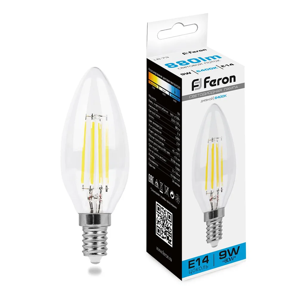 FERON Лампа светодиодная LB-73 Свеча E14 9W 230V 6400K 38229 FERON Лампа светодиодная LB-73 Свеча E14 9W 230V 6400K 38229