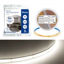 Светодиодная COB лента FERON LS530, 320SMD(2110)/м 10Вт/м 24V 5000*8*1.8мм 4000К IP20
