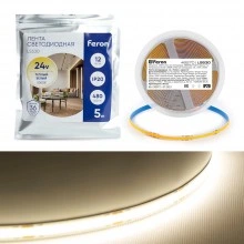 Светодиодная COB лента FERON LS530, 480SMD(2110)/м 12Вт/м 24V 5000*10*1.8мм 3000К IP20