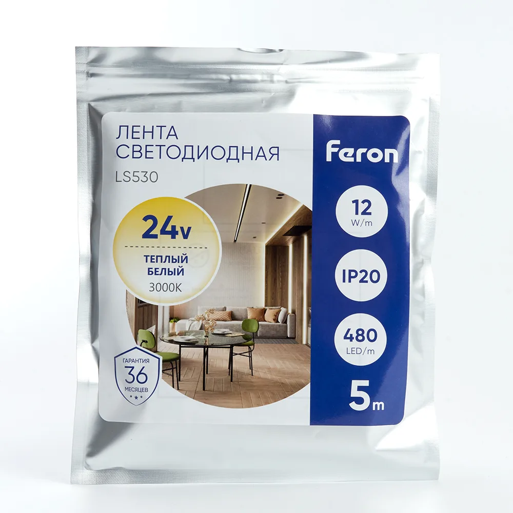 FERON Светодиодная COB лента LS530, 480SMD(2110)/м 12Вт/м 24V 5000*10*1.8мм 3000К IP20 FERON Светодиодная COB лента LS530, 480SMD(2110)/м 12Вт/м 24V 5000*10*1.8мм 3000К IP20