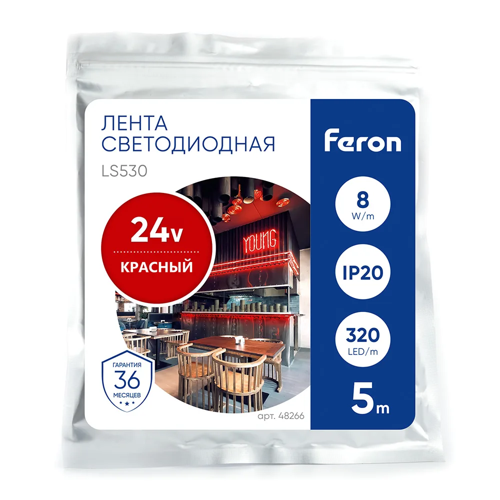 FERON Светодиодная COB лента LS530 320SMD(2110) 8Вт/м 24V 5000*8*1,8мм IP20, красный FERON Светодиодная COB лента LS530 320SMD(2110) 8Вт/м 24V 5000*8*1,8мм IP20, красный