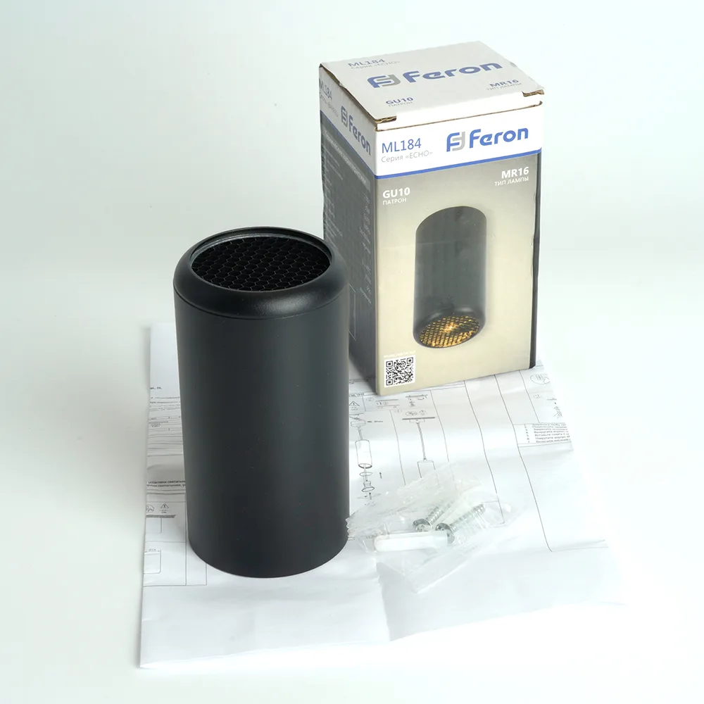 FERON Светильник потолочный ML184 Barrel ECHO MR16 GU10 35W 230V, черный, с антибликовой сеточкой 48392 FERON Светильник потолочный ML184 Barrel ECHO MR16 GU10 35W 230V, черный, с антибликовой сеточкой 48392