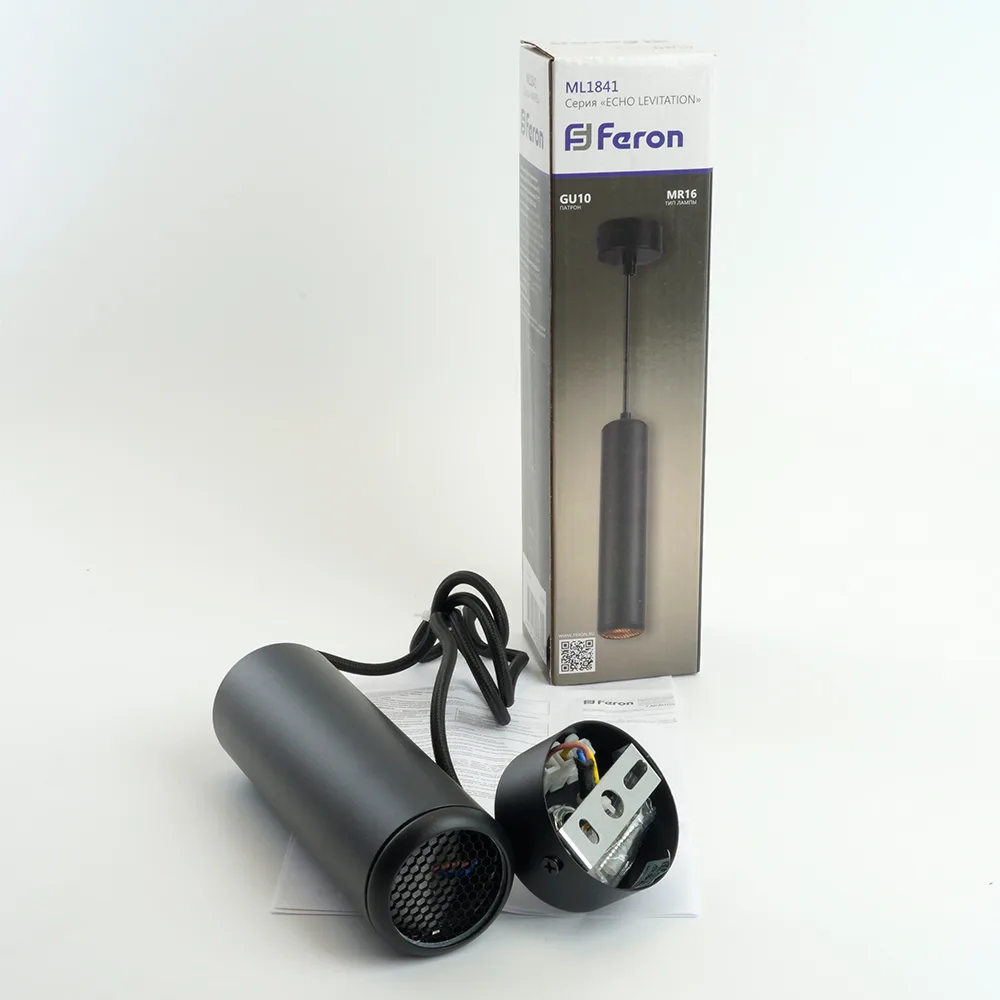 FERON Светильник потолочный ML1841 Barrel ECHO levitation MR16 35W, 230V, GU10, чёрный, с антибликовой сеточкой, на подвесе 1,7 м 48394 FERON Светильник потолочный ML1841 Barrel ECHO levitation MR16 35W, 230V, GU10, чёрный, с антибликовой сеточкой, на подвесе 1,7 м 48394
