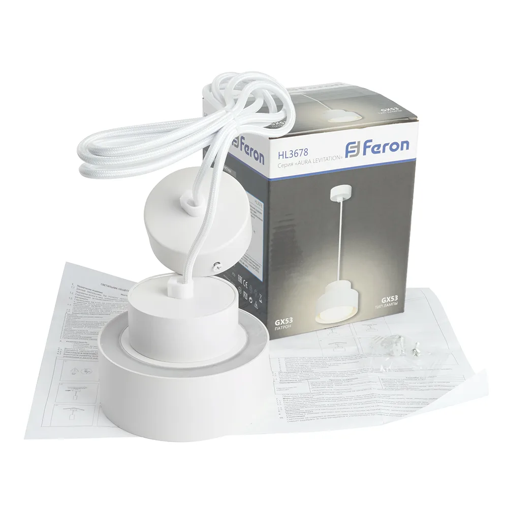 FERON Светильник потолочный HL3678 Barrel AURA levitation 12W, 230V, GX53, белый, на подвесе 1,7 м 48410 FERON Светильник потолочный HL3678 Barrel AURA levitation 12W, 230V, GX53, белый, на подвесе 1,7 м 48410