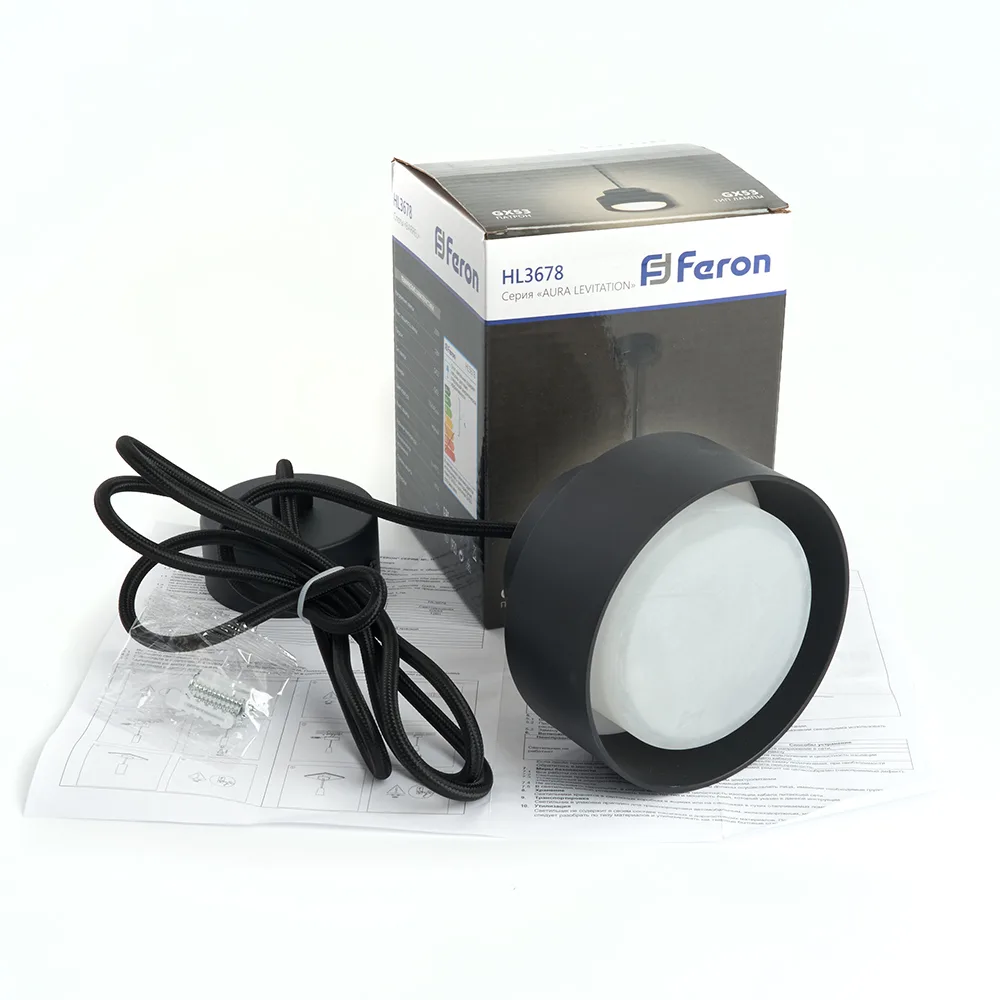 FERON Светильник потолочный HL3678 Barrel AURA levitation 12W, 230V, GX53, чёрный, на подвесе 1,7 м 48409 FERON Светильник потолочный HL3678 Barrel AURA levitation 12W, 230V, GX53, чёрный, на подвесе 1,7 м 48409