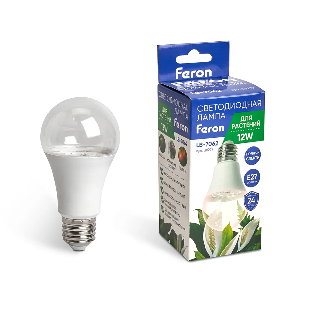 FERON Лампа светодиодная для растений А60 LB-7062 E27 12W 175-265V полный спектр 38277 FERON Лампа светодиодная для растений А60 LB-7062 E27 12W 175-265V полный спектр 38277