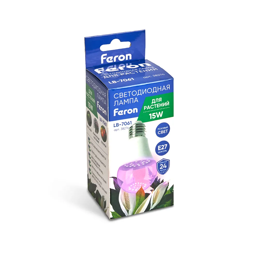 FERON Лампа светодиодная для растений А60 LB-7061 E27 15W 175-265V красно-синий спектр 38276 FERON Лампа светодиодная для растений А60 LB-7061 E27 15W 175-265V красно-синий спектр 38276