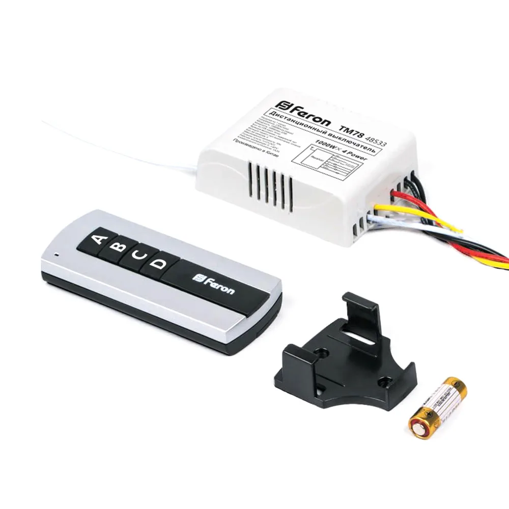 FERON TM78 Выключатель дистанционный 230V 1000W 4-х канальный 30м с пультом управления, черный/серебро FERON TM78 Выключатель дистанционный 230V 1000W 4-х канальный 30м с пультом управления, черный/серебро