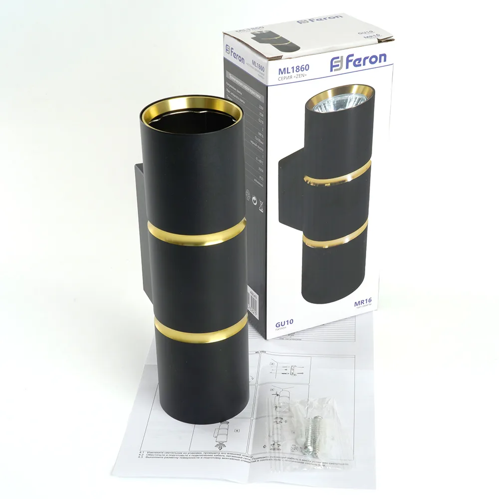 FERON Светильник настенный ML1860 ZEN MR16 35W, 230V, 2*GU10, черный, золото IP20 48649 FERON Светильник настенный ML1860 ZEN MR16 35W, 230V, 2*GU10, черный, золото IP20 48649