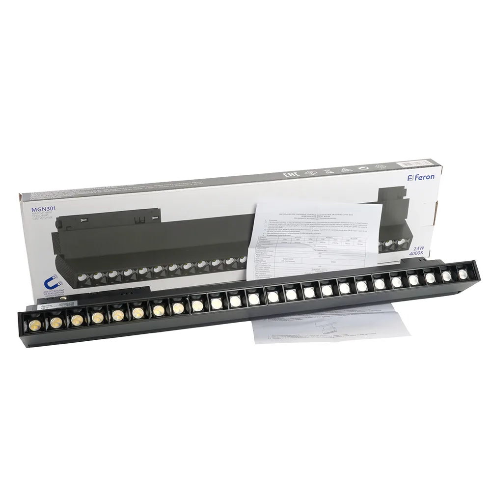 FERON Светильник светодиодный MGN301 трековый низковольтный 24W, 2160 Lm, 4000К, 30 градусов, черный серия LensFold Артикул 48720 FERON Светильник светодиодный MGN301 трековый низковольтный 24W, 2160 Lm, 4000К, 30 градусов, черный серия LensFold Артикул 48720