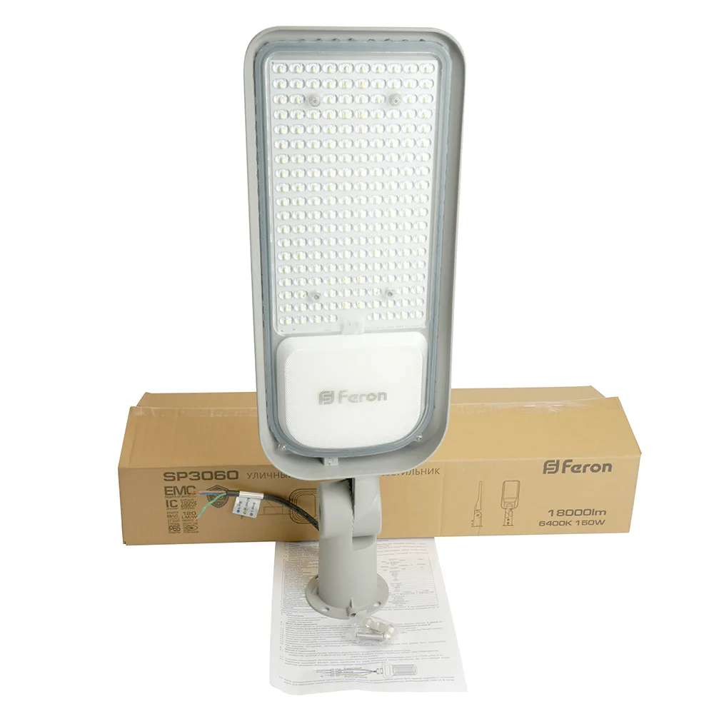 FERON Светодиодный уличный консольный светильник SP3060 150W 6400K 100-265V/50Hz, серый 48688 FERON Светодиодный уличный консольный светильник SP3060 150W 6400K 100-265V/50Hz, серый 48688