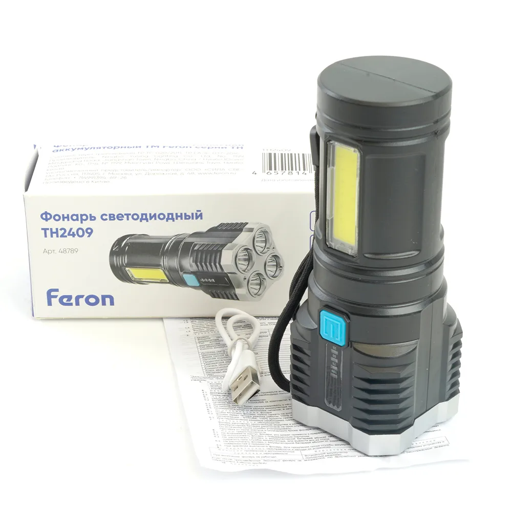 FERON Фонарь ручной TH2409 с аккумулятором USB 48789 FERON Фонарь ручной TH2409 с аккумулятором USB 48789