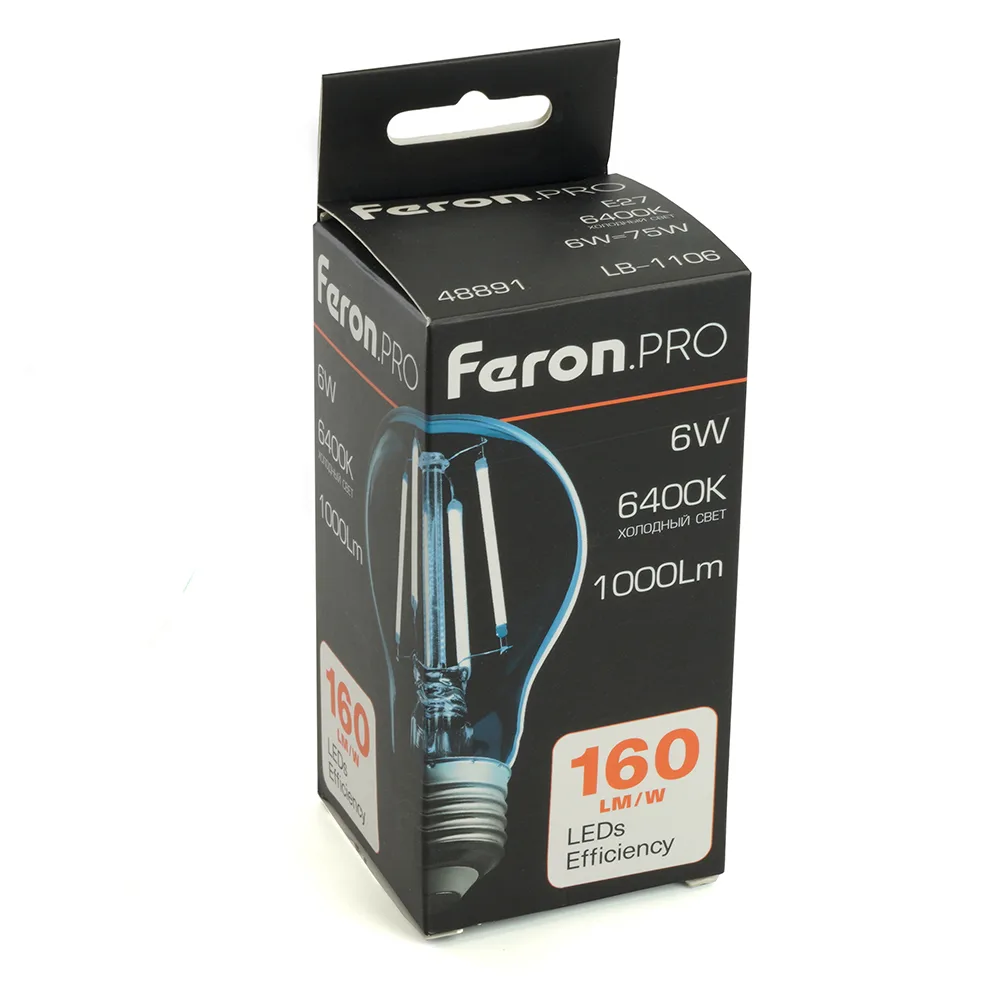 FERON Лампа светодиодная Feron.PRO LB-1106 Шар E27 1000LM 6W 175-265V 6400K 48891 FERON Лампа светодиодная Feron.PRO LB-1106 Шар E27 1000LM 6W 175-265V 6400K 48891