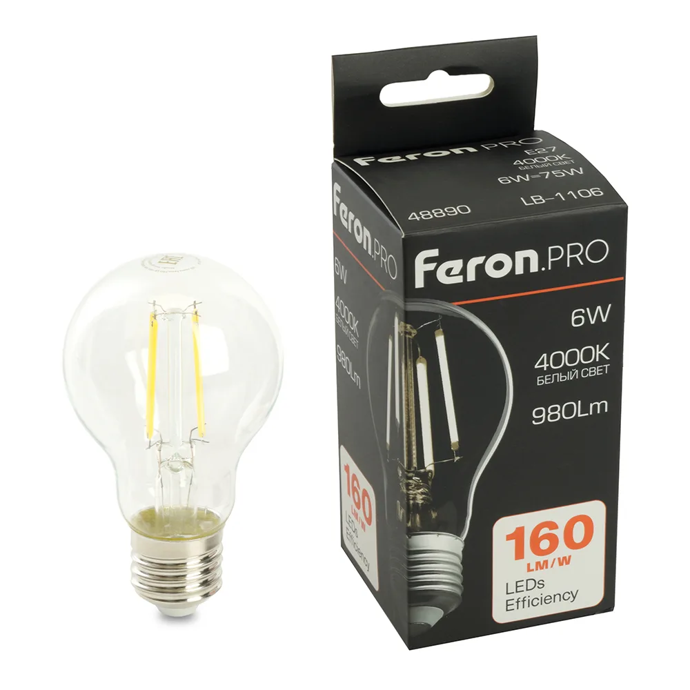 FERON Лампа светодиодная Feron.PRO LB-1106 Шар E27 980LM 6W 175-265V 4000K 48890 FERON Лампа светодиодная Feron.PRO LB-1106 Шар E27 980LM 6W 175-265V 4000K 48890