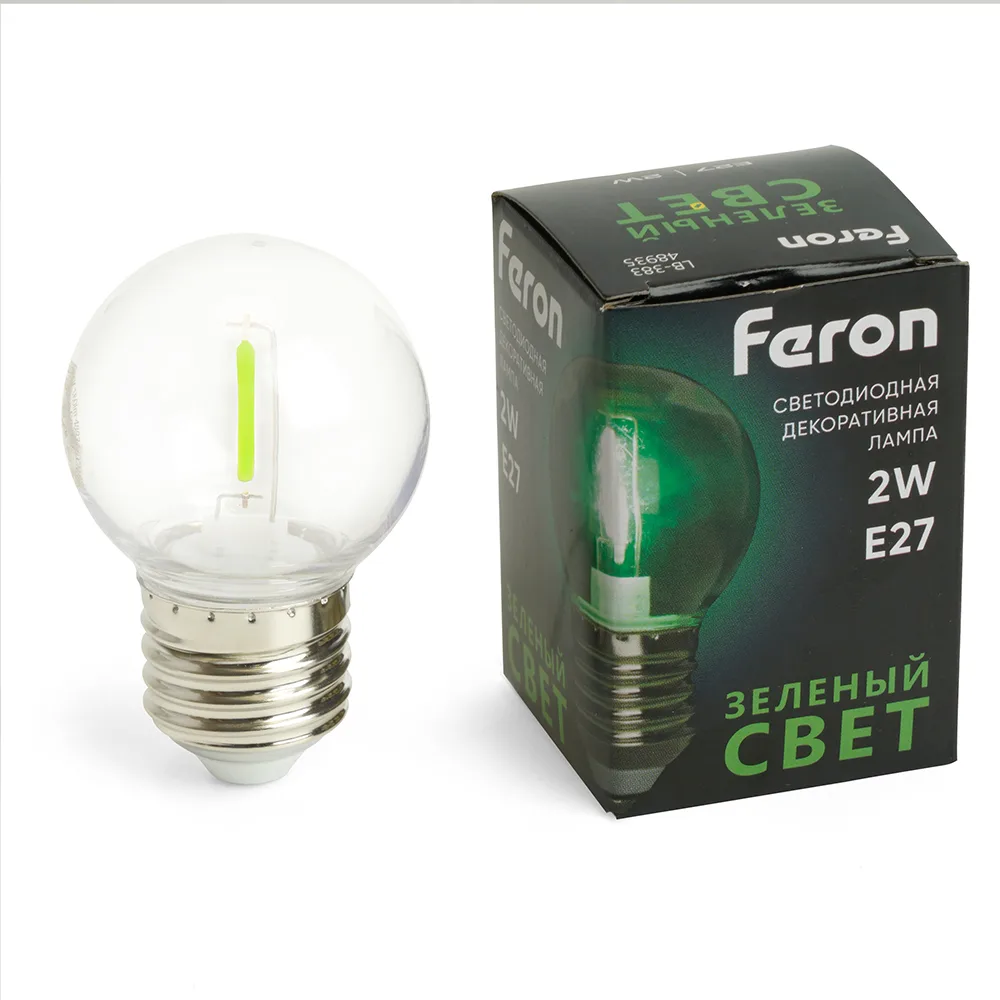 FERON Лампа светодиодная LB-383 Шарик прозрачный E27 2W 230V зеленый 48935 FERON Лампа светодиодная LB-383 Шарик прозрачный E27 2W 230V зеленый 48935