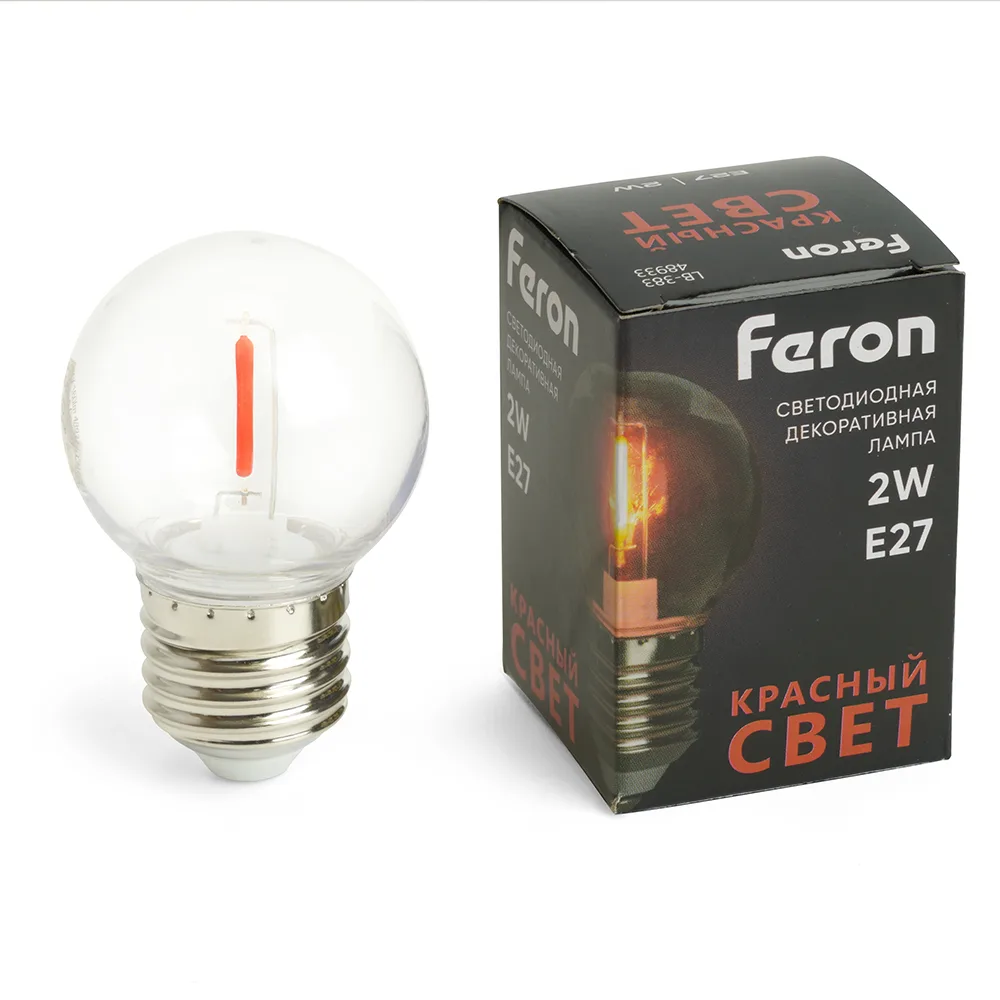 Лампа светодиодная FERON LB-383 Шарик прозрачный E27 2W 230V красный 48933