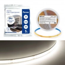 Светодиодная COB лента FERON LS530, 512SMD(2110)/м 12Вт/м 24V 5000*10*1.8мм 4000К IP20