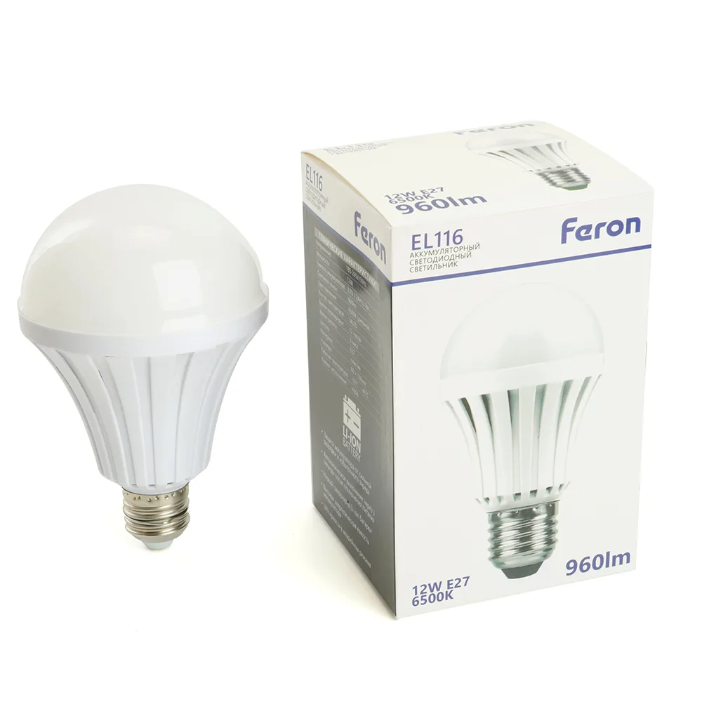 FERON Светильник аккумуляторный, 12W Е27 AC/DC (литий-ионная батарея), белый, EL116 артикул 48980 FERON Светильник аккумуляторный, 12W Е27 AC/DC (литий-ионная батарея), белый, EL116 артикул 48980