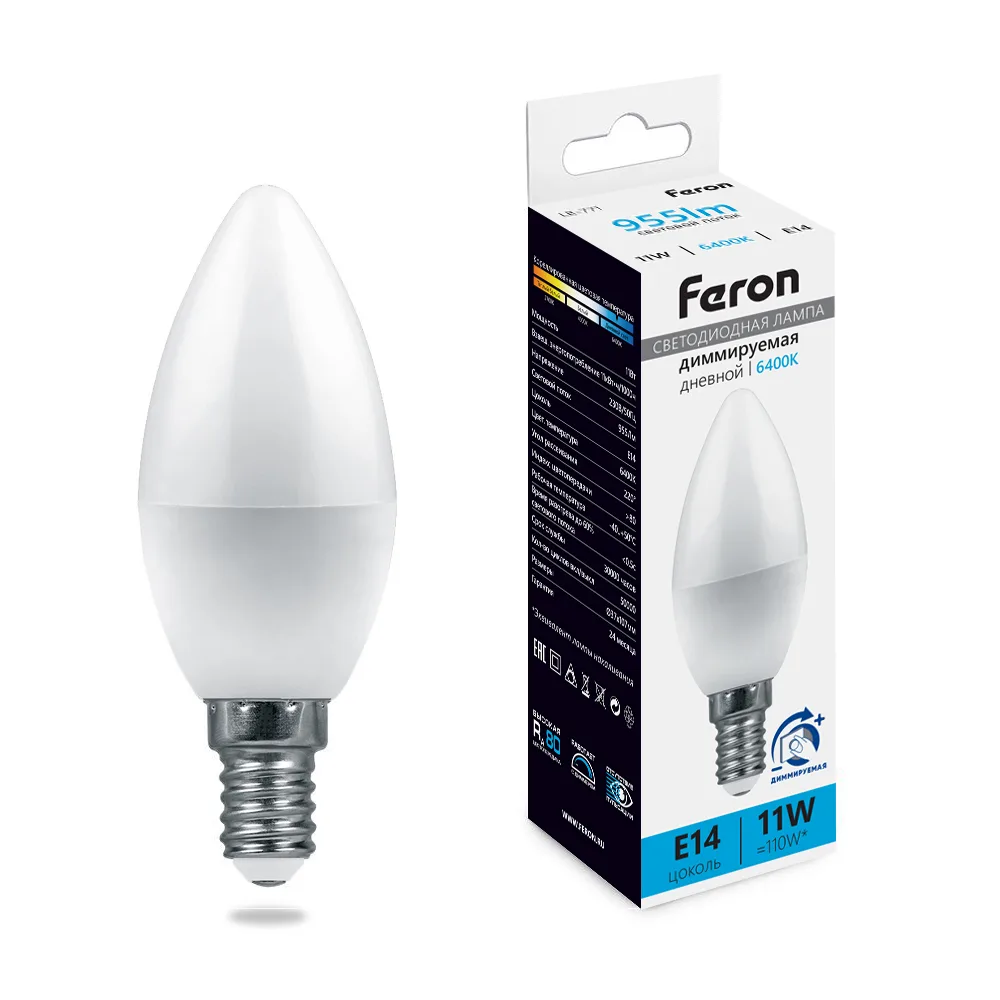 Лампа светодиодная диммируемая FERON LB-771 Свеча E14 11W 230V 6400K 51057