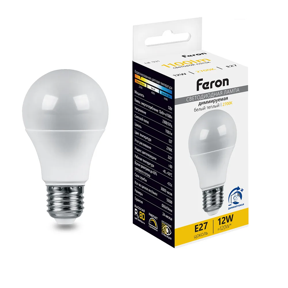 FERON Лампа светодиодная диммируемая LB-931 Шар E27 12W 230V 2700K 51052 FERON Лампа светодиодная диммируемая LB-931 Шар E27 12W 230V 2700K 51052
