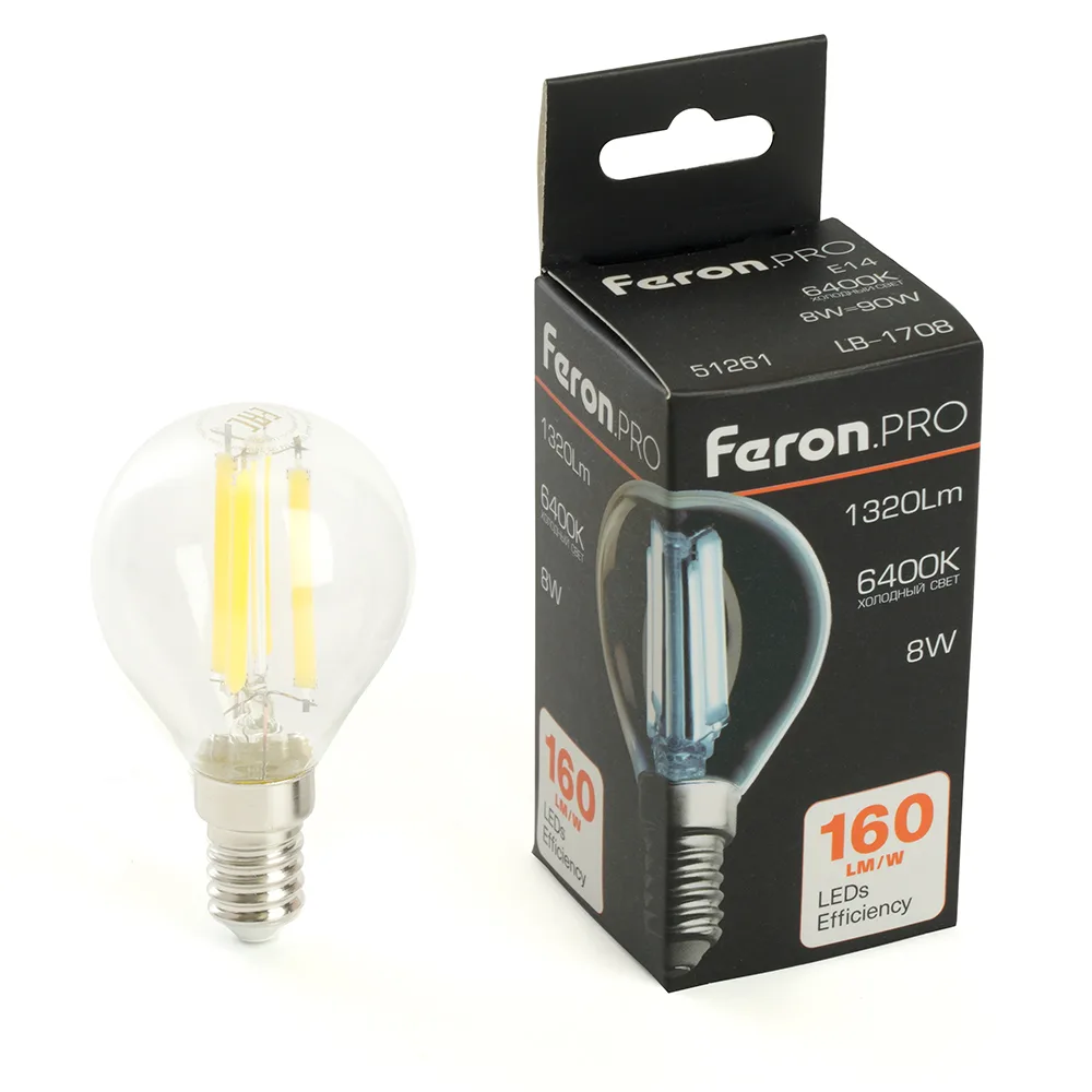 FERON Лампа светодиодная Feron.PRO LB-1708 Шарик E14 1320LM 8W 175-265V 6400K 51261 FERON Лампа светодиодная Feron.PRO LB-1708 Шарик E14 1320LM 8W 175-265V 6400K 51261