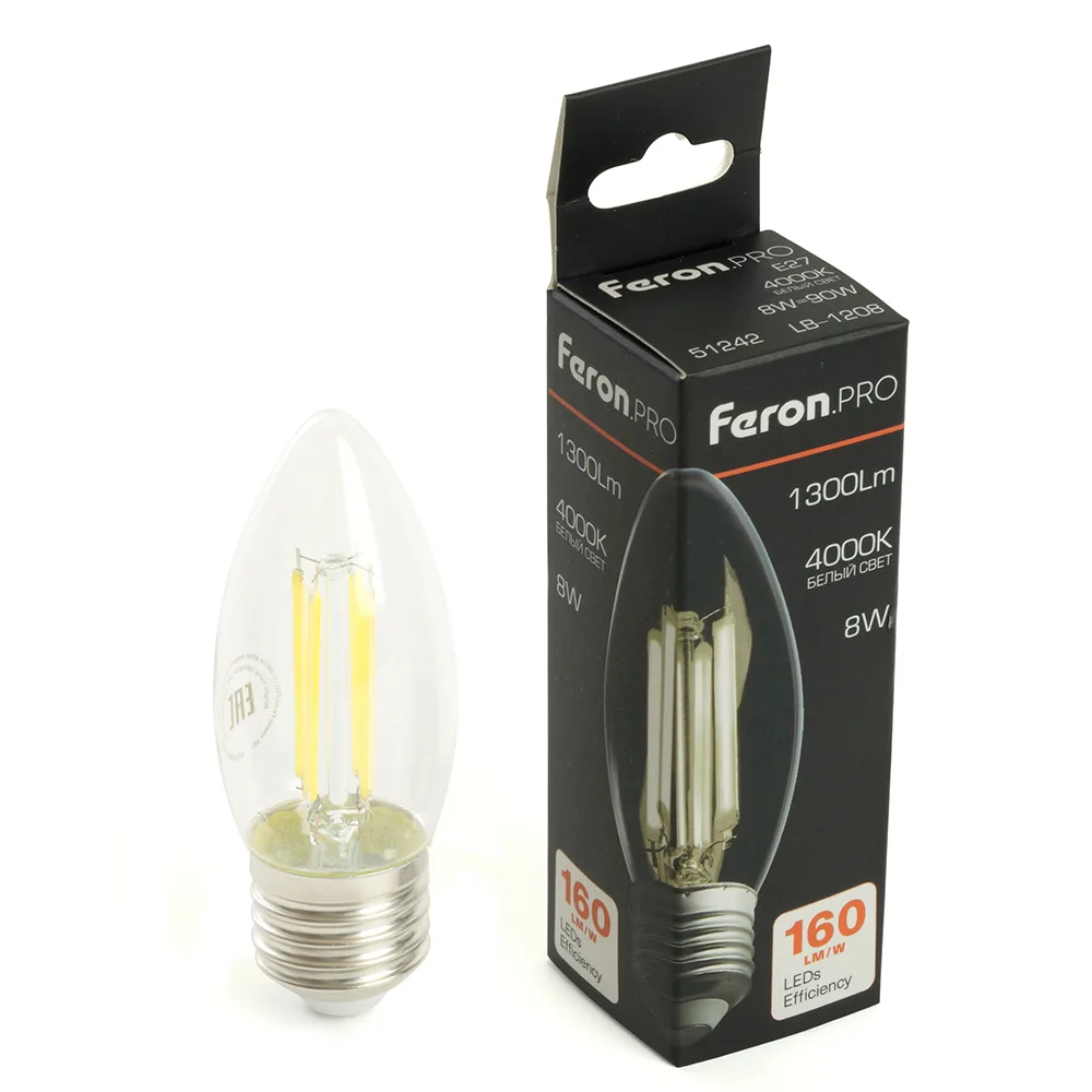 Лампа светодиодная FERON.PRO LB-1208 Свеча E27 1300LM 8W 175-265V 4000K 51242