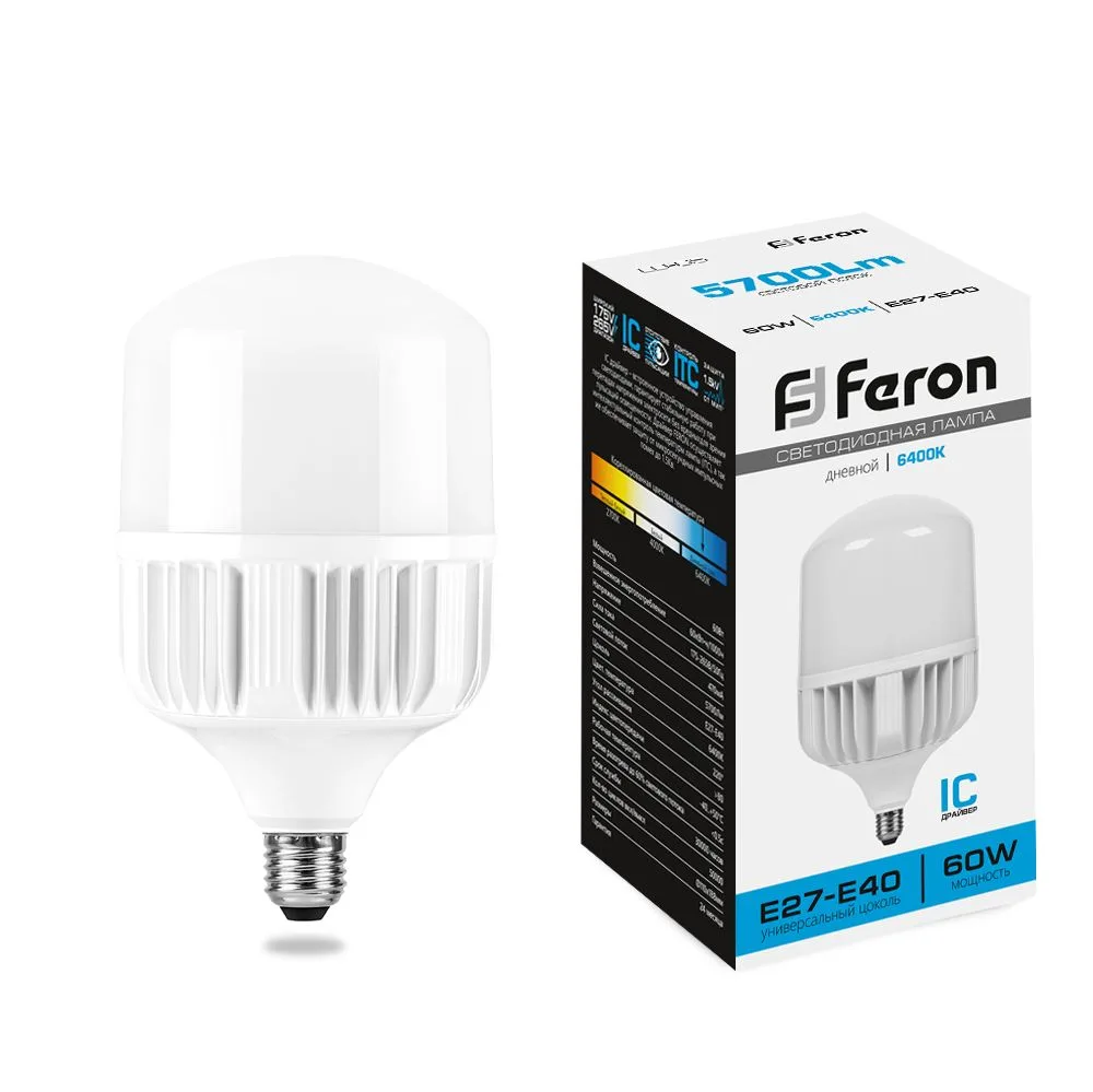 FERON Лампа светодиодная LB-65 E27-E40 60W 175-265V 6400K 25782 FERON Лампа светодиодная LB-65 E27-E40 60W 175-265V 6400K 25782