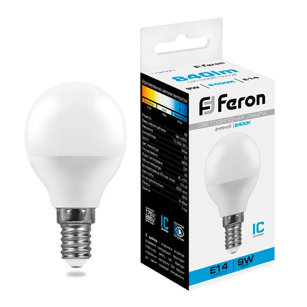FERON Лампа светодиодная LB-550 Шарик E14 9W 175-265V 6400K 25803 FERON Лампа светодиодная LB-550 Шарик E14 9W 175-265V 6400K 25803