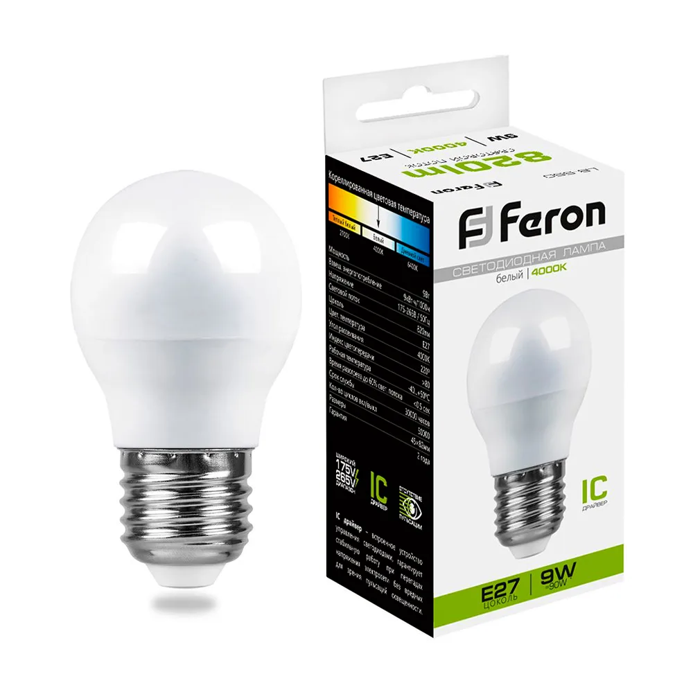FERON Лампа светодиодная LB-550 Шарик E27 9W 175-265V 4000K 25805 FERON Лампа светодиодная LB-550 Шарик E27 9W 175-265V 4000K 25805