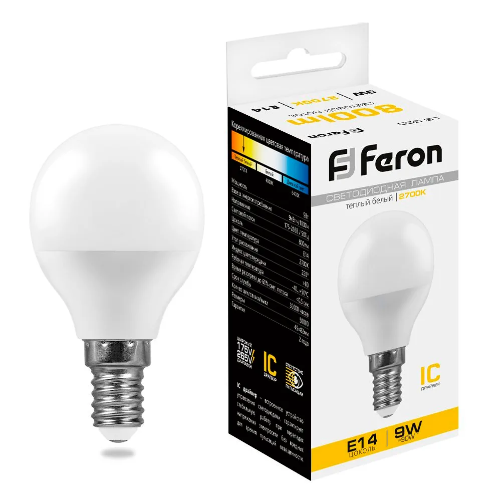 Лампа светодиодная FERON LB-550 Шарик E14 9W 175-265V 2700K 25801