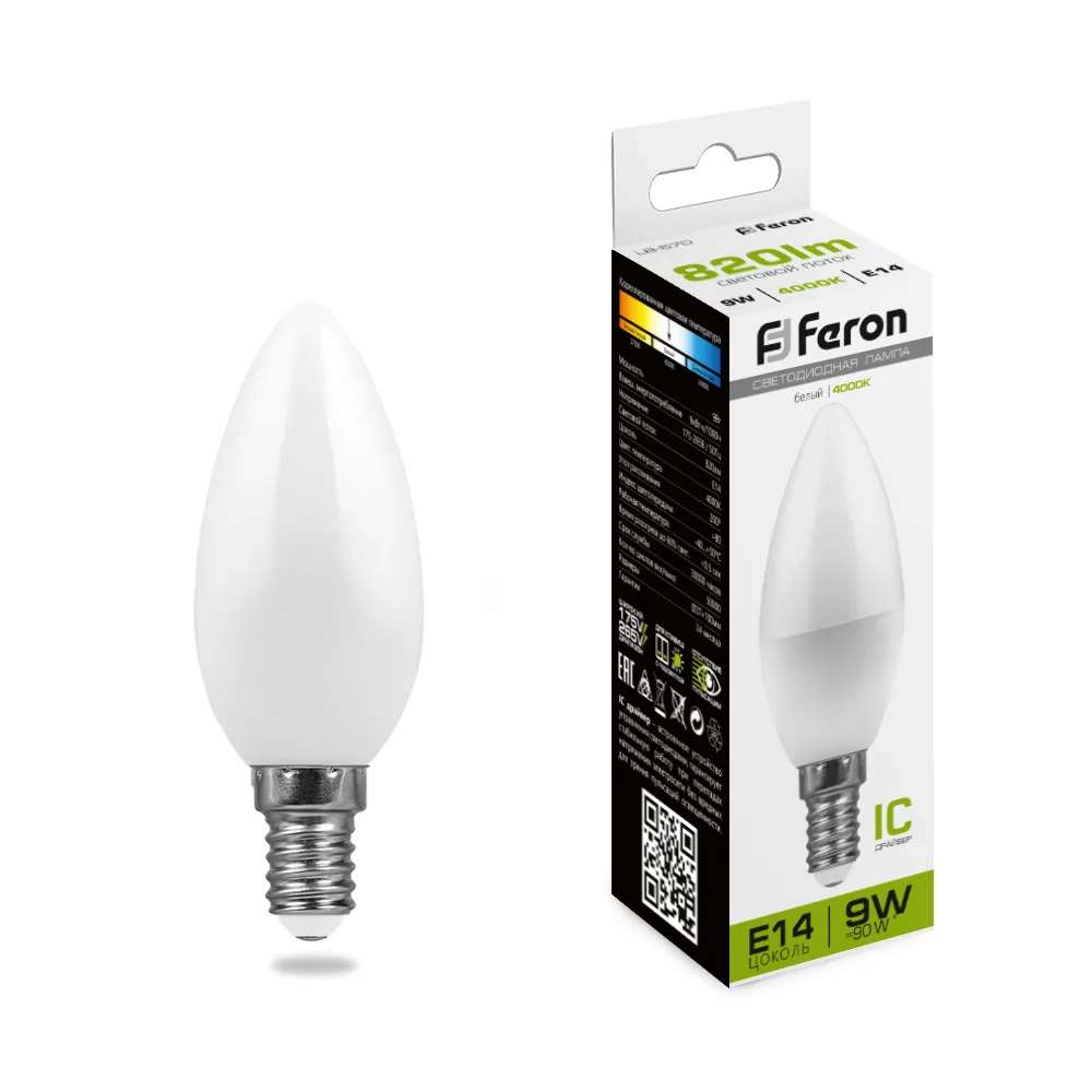 Лампа светодиодная FERON LB-570 Свеча E14 9W 175-265V 4000K 25799