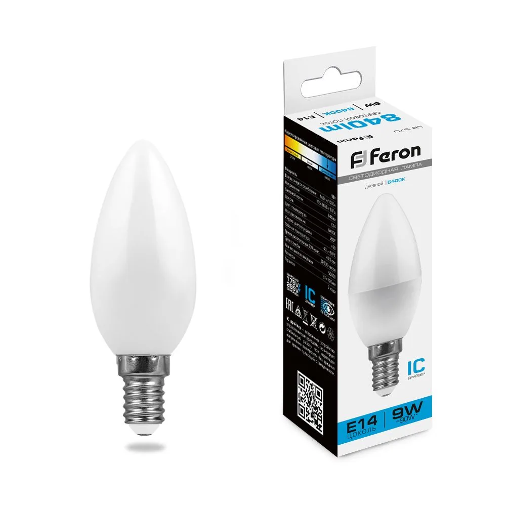FERON Лампа светодиодная LB-570 Свеча E14 9W 175-265V 6400K 25800 FERON Лампа светодиодная LB-570 Свеча E14 9W 175-265V 6400K 25800