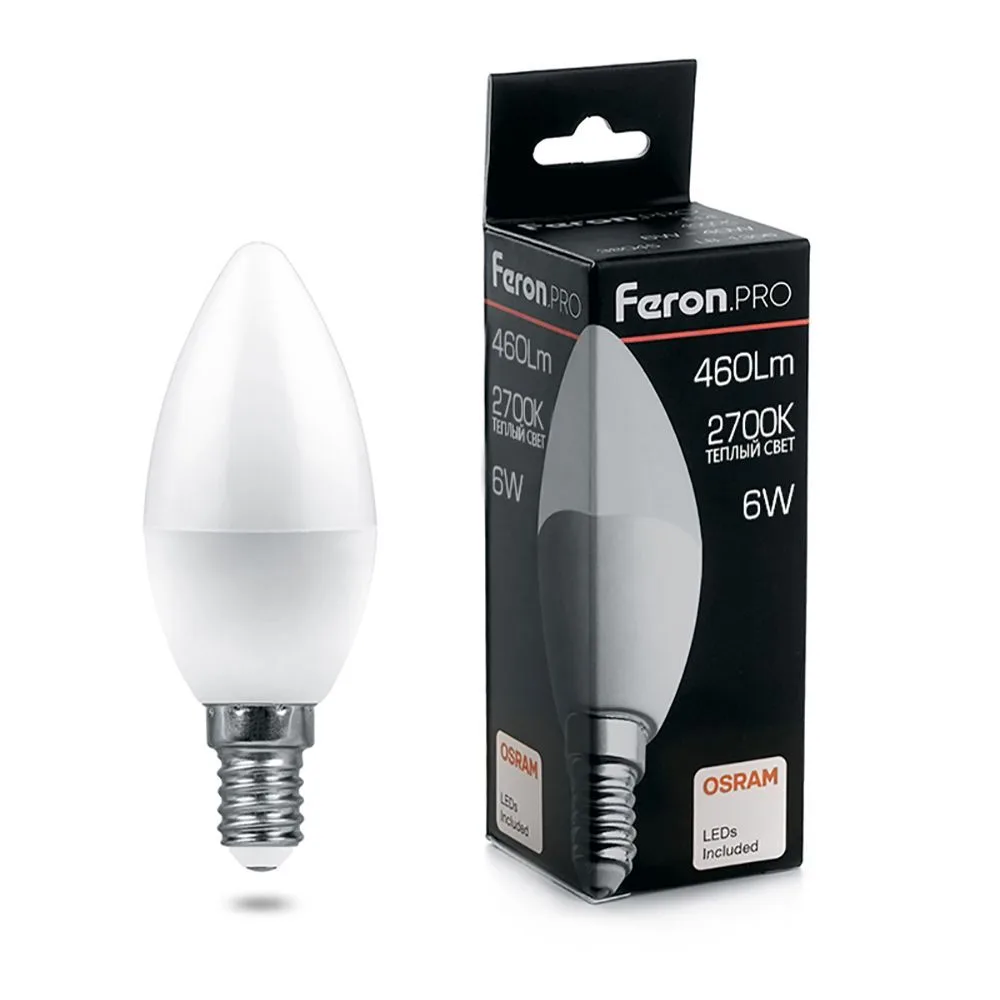 Лампа светодиодная FERON.PRO LB-1306 Свеча E14 6W 175-265V 2700K 38044
