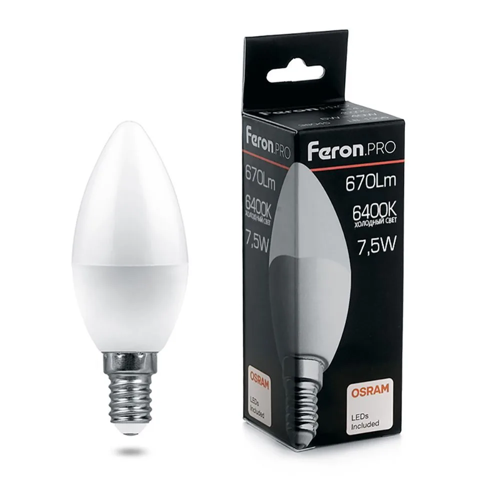 Лампа светодиодная FERON.PRO LB-1307 Свеча E14 7.5W 175-265V 6400K 38055