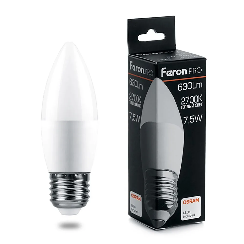 Лампа светодиодная FERON.PRO LB-1307 Свеча E27 7.5W 175-265V 2700K 38056