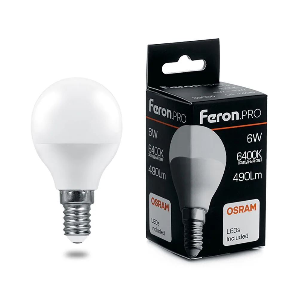 Лампа светодиодная FERON.PRO LB-1406 Шарик E14 6W 175-265V 6400K 38067