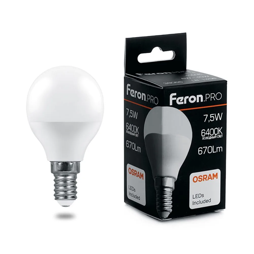 Лампа светодиодная FERON.PRO LB-1407 Шарик E14 7.5W 175-265V 6400K 38073