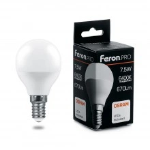 Лампа светодиодная FERON.PRO LB-1407 Шарик E14 7.5W 175-265V 6400K 38073