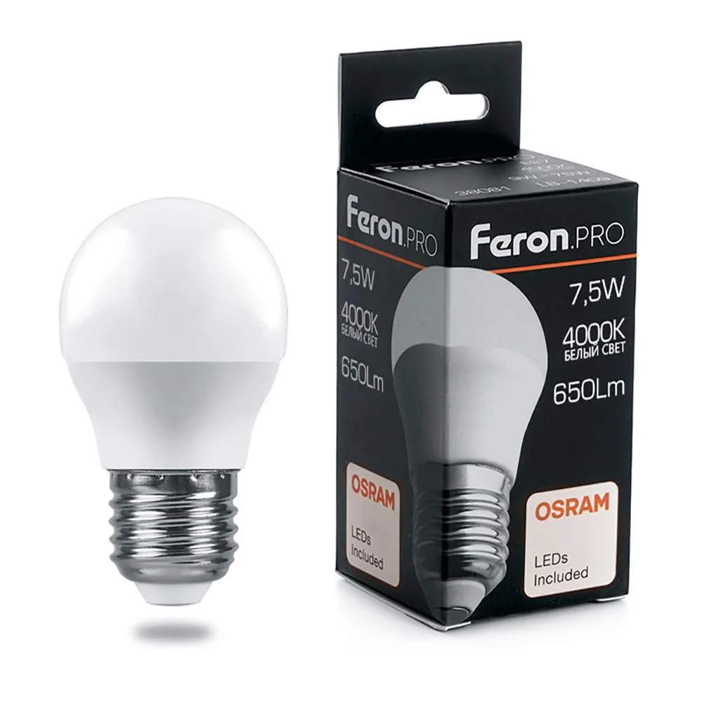 FERON Лампа светодиодная Feron.PRO LB-1407 Шарик E27 7.5W 175-265V 4000K 38075 FERON Лампа светодиодная Feron.PRO LB-1407 Шарик E27 7.5W 175-265V 4000K 38075