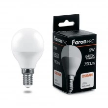 Лампа светодиодная FERON.PRO LB-1409 Шарик E14 9W 175-265V 6400K 38079