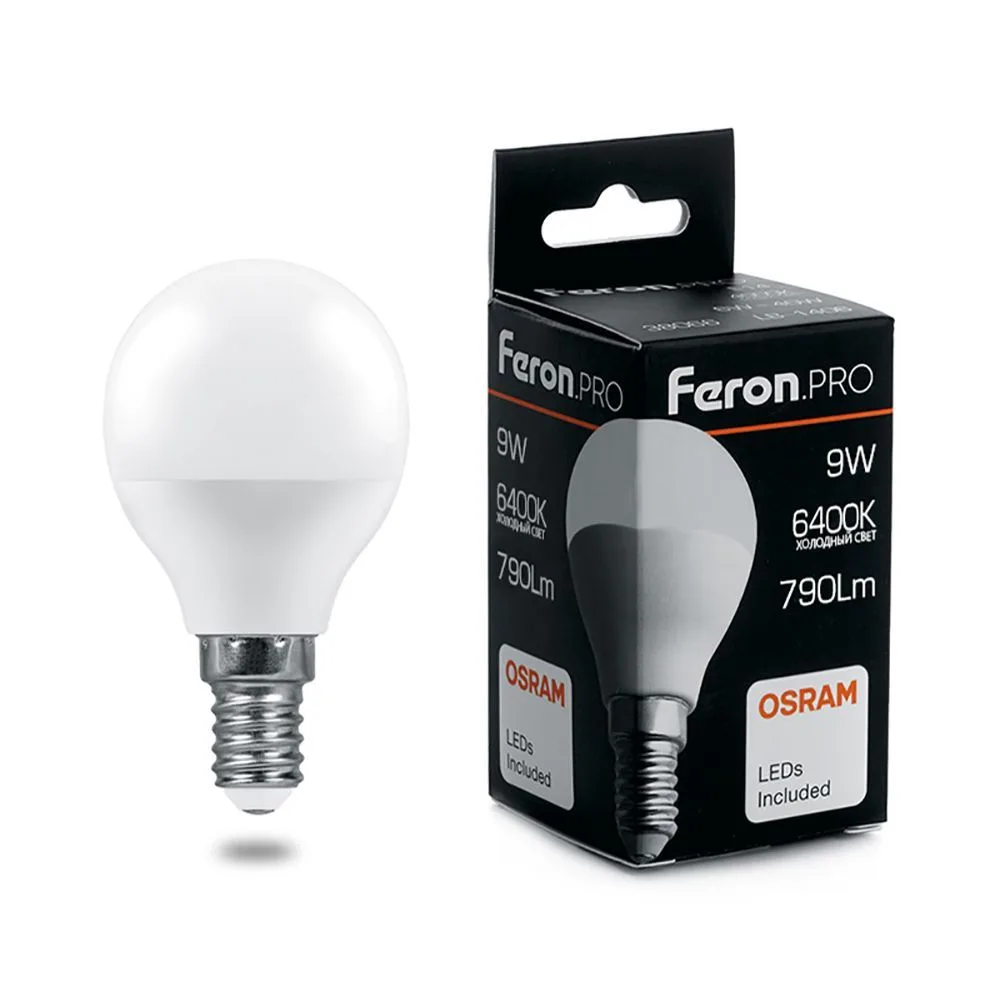 FERON Лампа светодиодная Feron.PRO LB-1409 Шарик E14 9W 175-265V 6400K 38079 FERON Лампа светодиодная Feron.PRO LB-1409 Шарик E14 9W 175-265V 6400K 38079