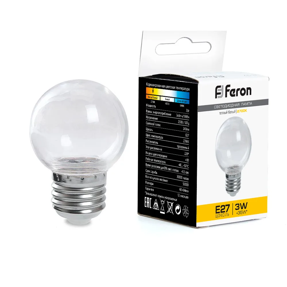 FERON Лампа светодиодная LB-371 Шар E27 3W 230V 2700K прозрачный 38121 FERON Лампа светодиодная LB-371 Шар E27 3W 230V 2700K прозрачный 38121