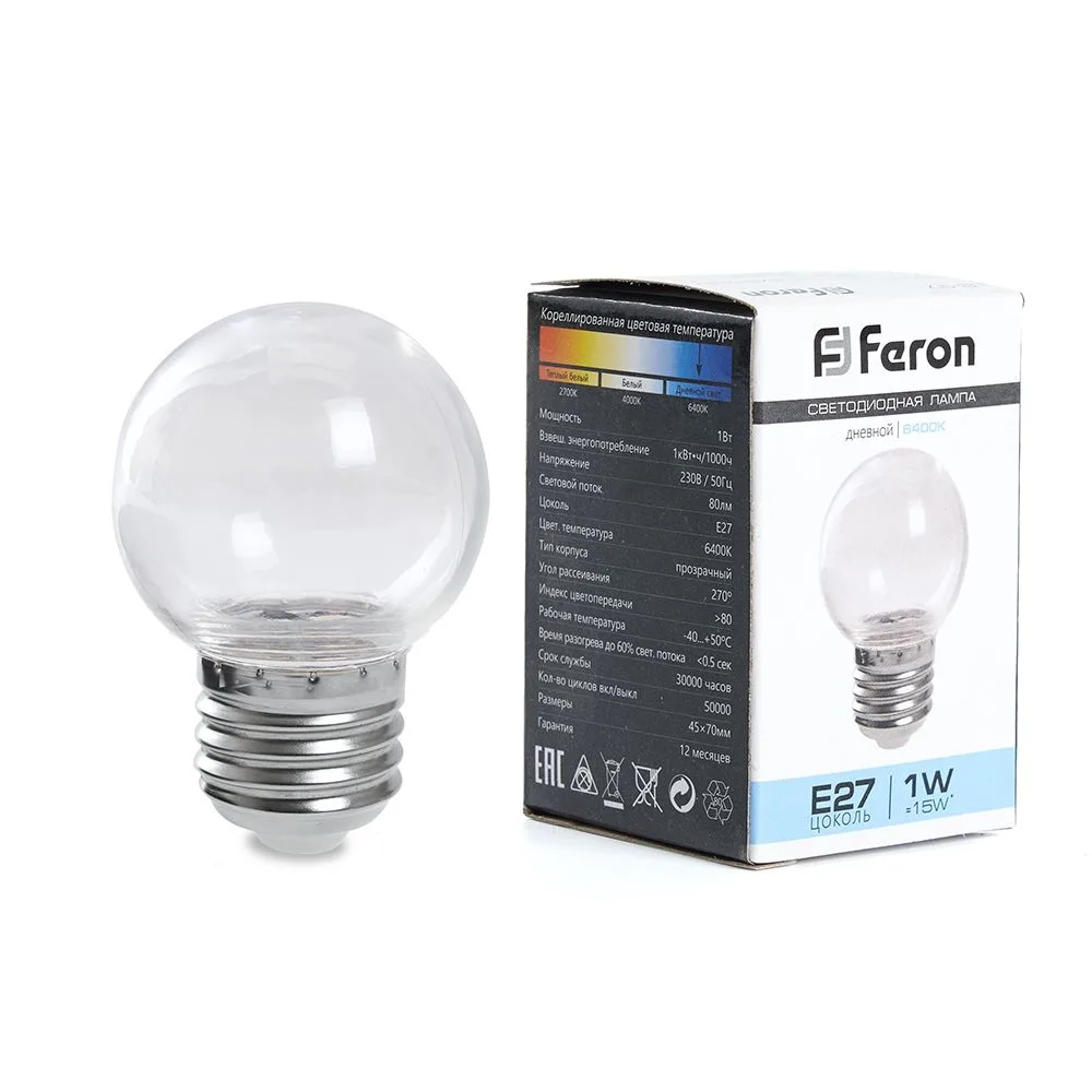 Лампа светодиодная FERON LB-371 Шар E27 3W 6400K прозрачный 38122