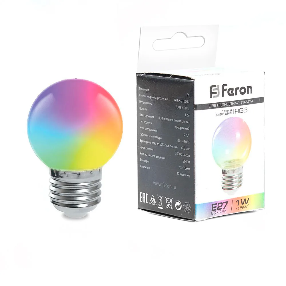 Лампа светодиодная FERON LB-37 Шарик матовый E27 1W 230V RGB быстрая смена цвета 38126