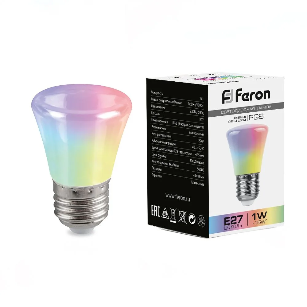 FERON Лампа светодиодная LB-372 Колокольчик матовый E27 1W RGB быстрая смена цвета 38128 FERON Лампа светодиодная LB-372 Колокольчик матовый E27 1W RGB быстрая смена цвета 38128