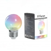 Лампа светодиодная FERON LB-37 Шарик прозрачный E27 1W RGB быстрая смена цвета 38129