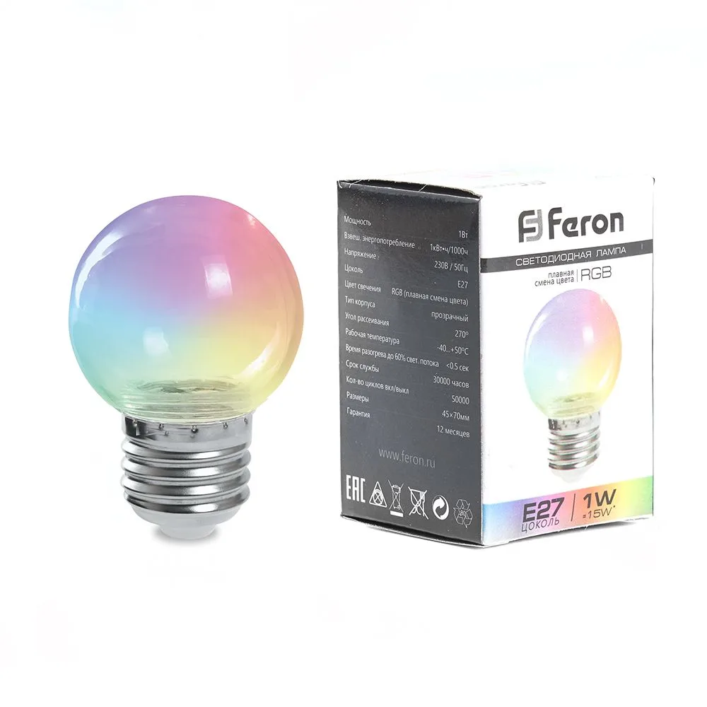 FERON Лампа светодиодная LB-37 Шарик прозрачный E27 1W RGB быстрая смена цвета 38129 FERON Лампа светодиодная LB-37 Шарик прозрачный E27 1W RGB быстрая смена цвета 38129