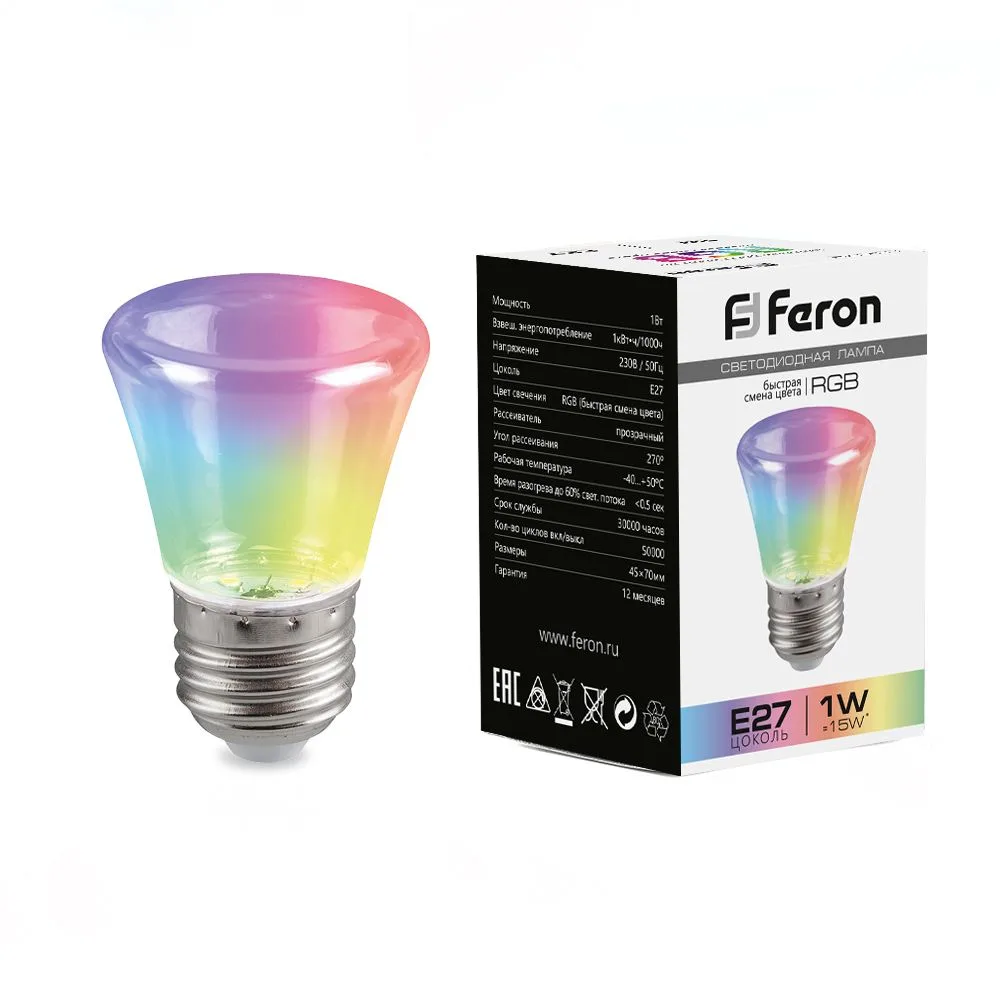 FERON Лампа светодиодная LB-372 Колокольчик прозрачный E27 1W RGB быстрая смена цвета 38131 FERON Лампа светодиодная LB-372 Колокольчик прозрачный E27 1W RGB быстрая смена цвета 38131