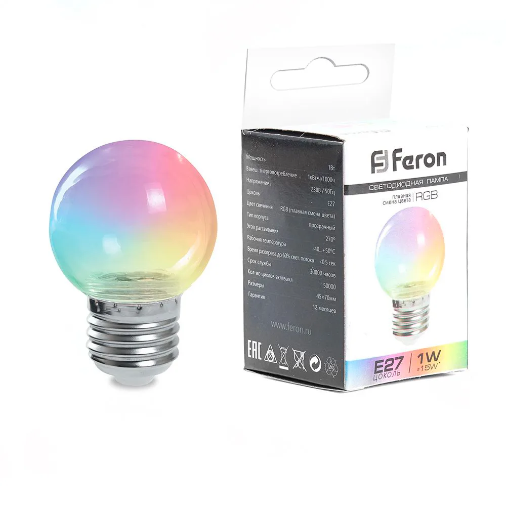 FERON Лампа светодиодная LB-371 Шар прозрачный E27 3W 230V RGB плавная смена цвета 38133 FERON Лампа светодиодная LB-371 Шар прозрачный E27 3W 230V RGB плавная смена цвета 38133